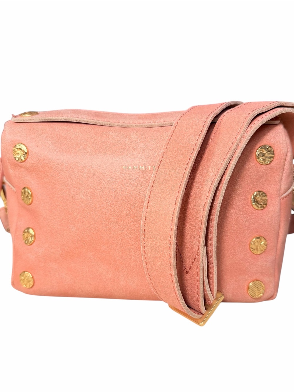 Hammitt Coral Pink Leather Crossbody Bag with Gold Studs